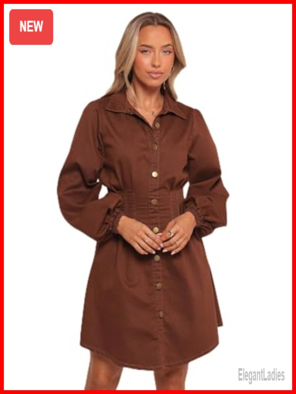 Long Sleeve Mini Dress Button Down Collared A-Line Fitted